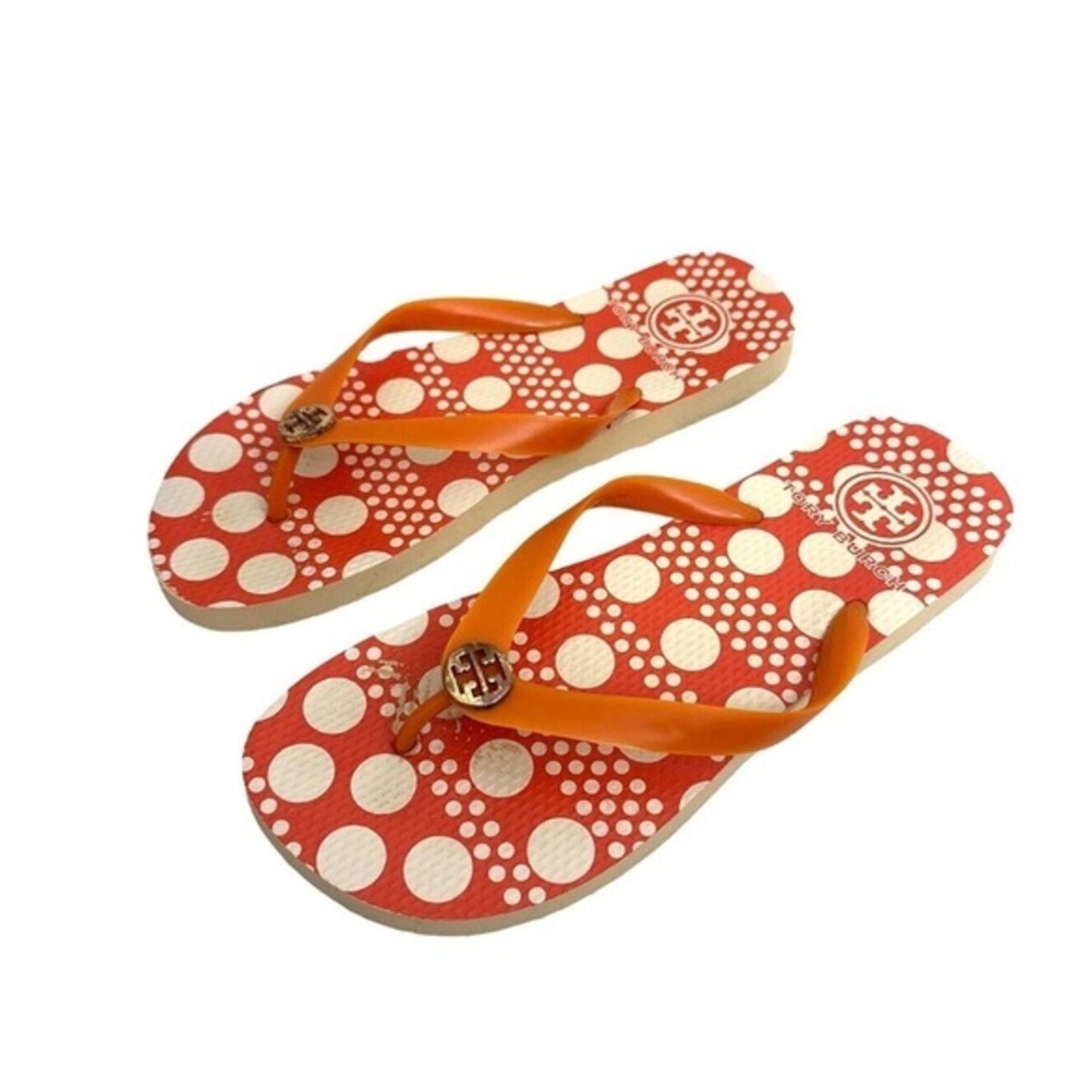 Tory Burch Orange and White Polka Dot Flip Flop Sandals with Logo Accent